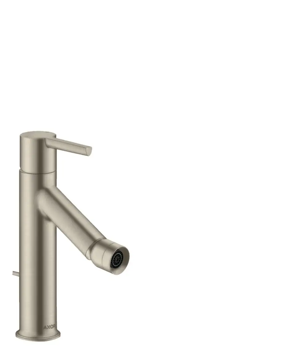 Einhebel-Bidetmischer aus gebürstetem Nickel mit einem Hebelgriff und einer Zugstangen-Ablaufgarnitur, Marke AXOR.